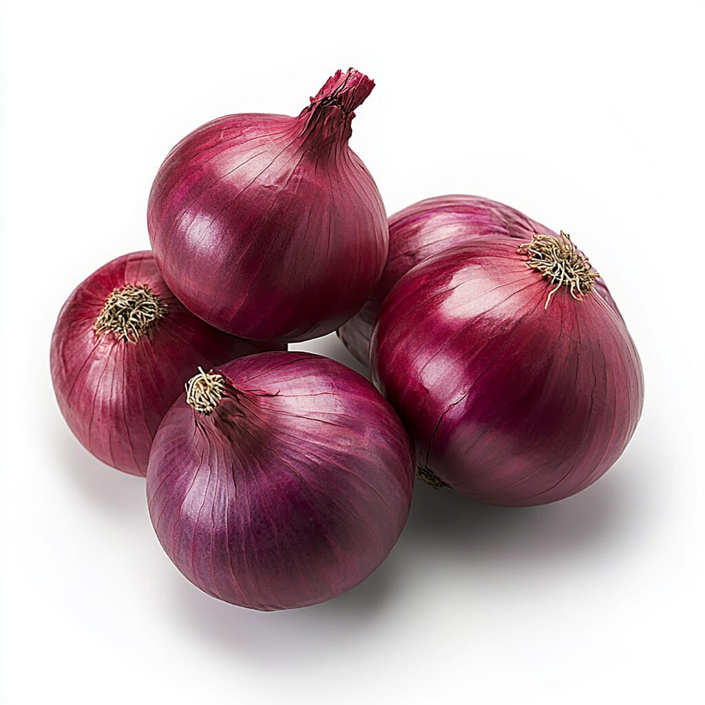 four onions with one that has purple onion it