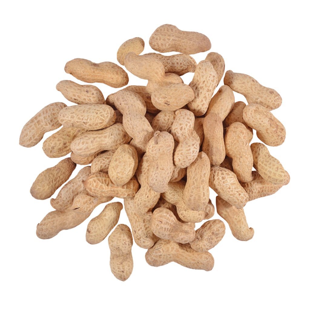 heap of whole peanuts on a white