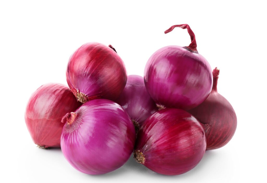 red onions on white background